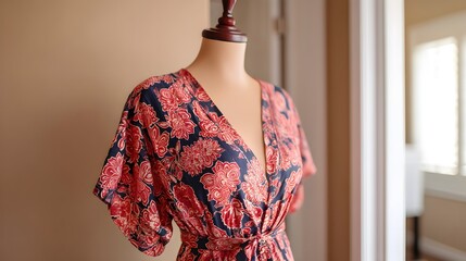 Elegant Floral Dress on Mannequin in Soft Natural Light Setting