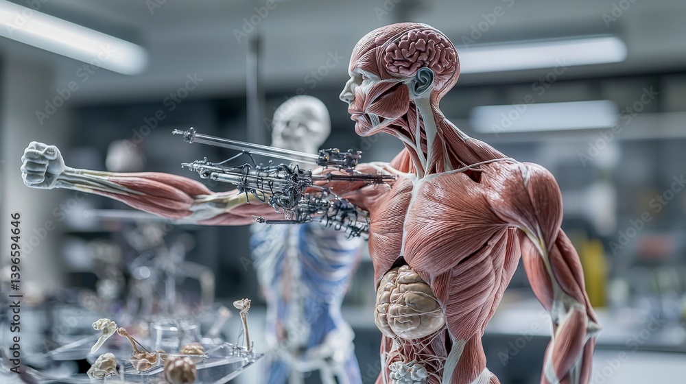 Poster Detailed human anatomy model displayed in educational science lab capturing intricate muscle and organ structures