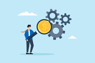 Flat illustration of businessman use magnifier to inspect dollar money from cogwheel symbolizing cost effective