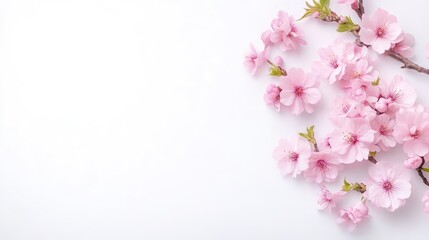 Obraz premium Delicate pink cherry blossoms in full bloom on a white background, close-up composition with soft lighting, and floral beauty and springtime concept.