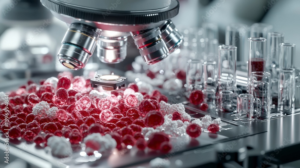 Poster Blood sample examination under microscope in a science lab detailed close-up view of microscopy process