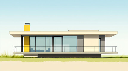 Minimalist 1story house with balcony, two-dimensional front elevation perspective drawinge