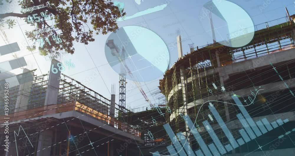 Poster construction site with data visualization animation overlaid on building framework