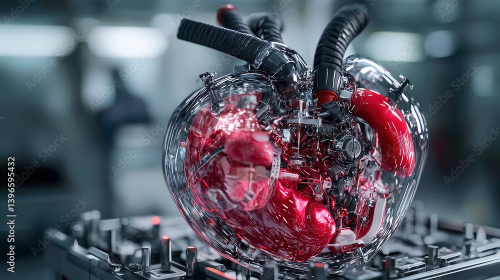 Aufkleber Futuristic prototype artificial heart medical lab 3d render high-tech environment close-up view innovative design