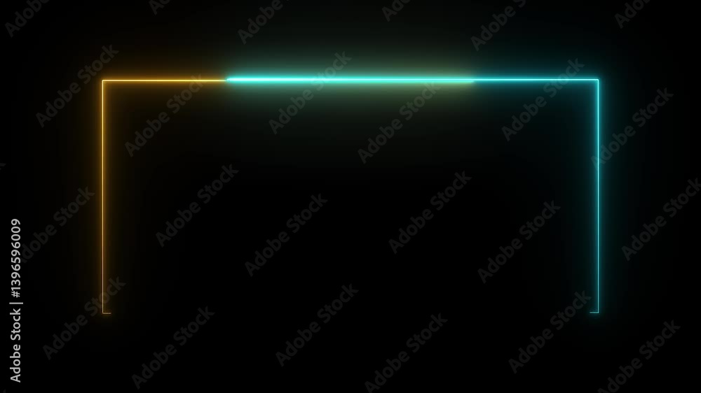 Poster glowing golden and cyan color neon border rectangle with laser illuminated abstract background – hor