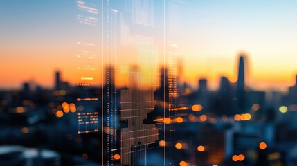 Urban skyline at sunset with financial data overlay reflecting on glass, showcasing city life