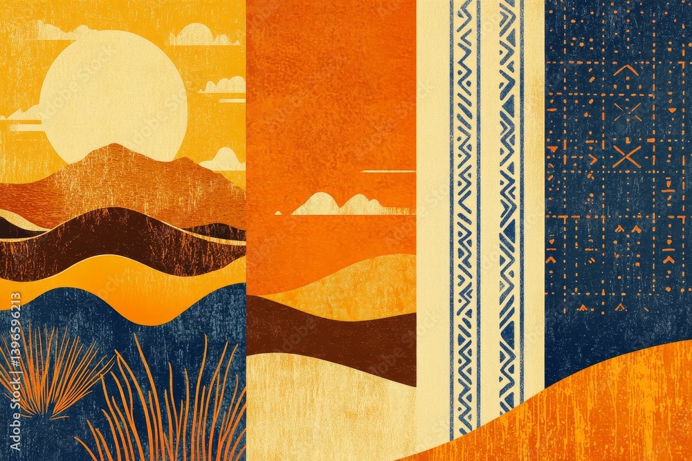 Poster abstract landscape with mountains sun clouds and textured patterns in warm and cool colors.