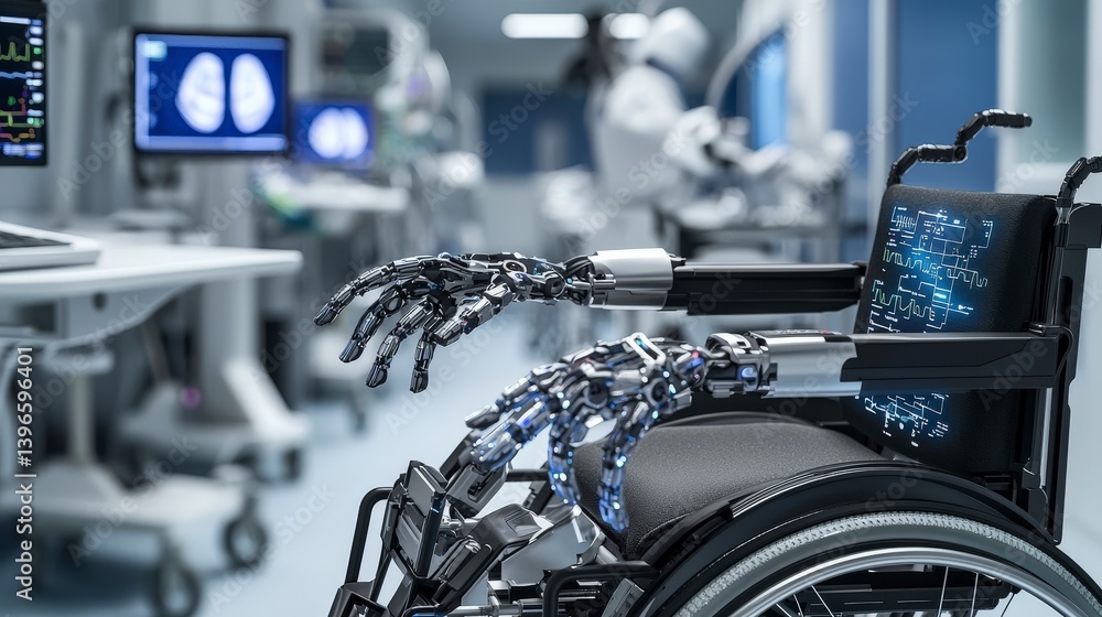 Poster innovative robotic wheelchair for enhanced mobility in healthcare settings high-tech design futurist