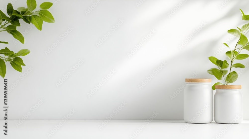 Poster white jars with greenery minimalist clean style high-resolution soft lighting horizontal composition