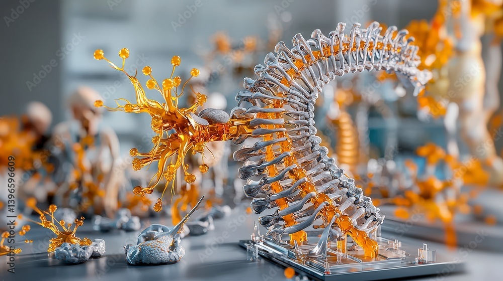 Poster innovative human spine model display medical lab 3d render educational setting close-up anatomy visu