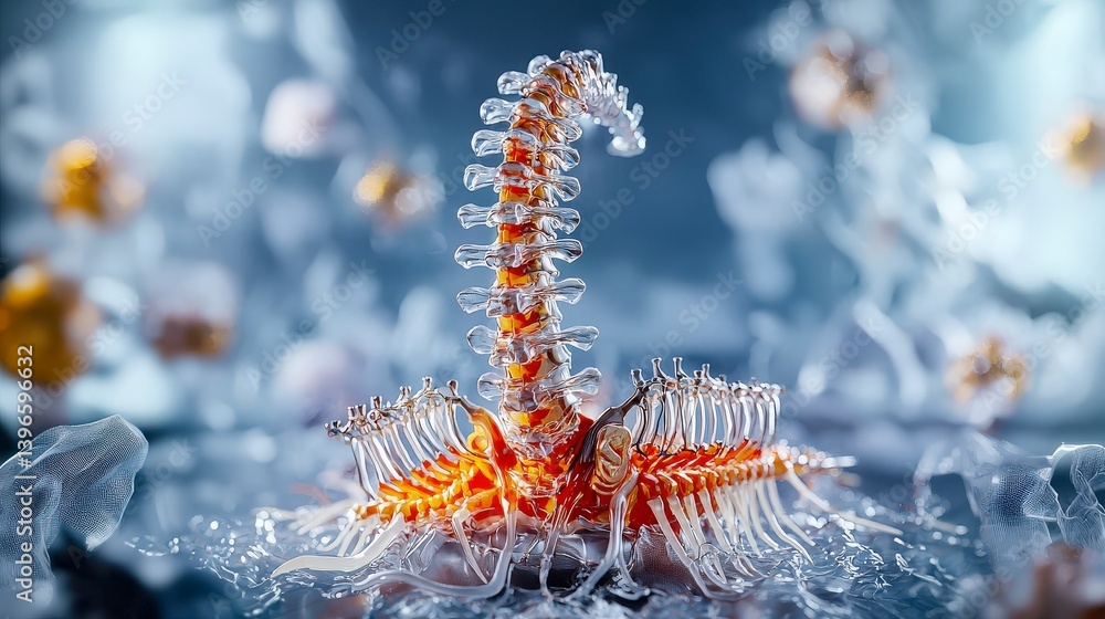 Fototapete intricate transparent spine structure underwater lab 3d model bioluminescent environment close persp