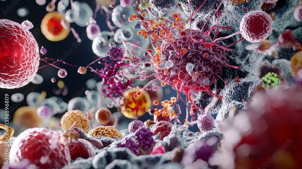 Aufkleber Microscopic exploration of human cells amidst intricate structures in a lab environment scientific visualization