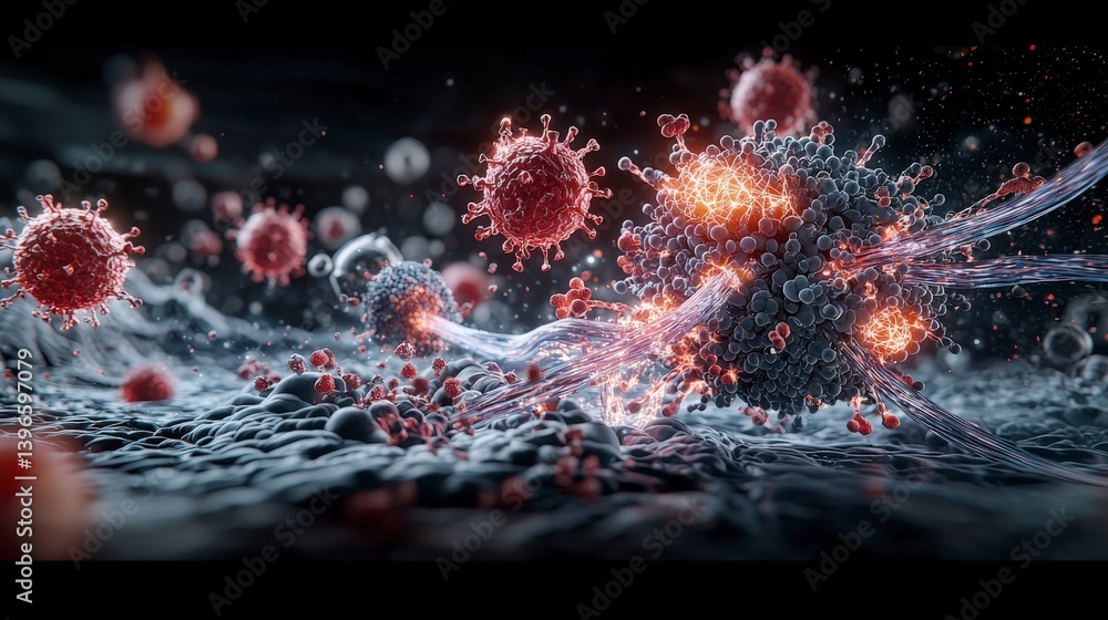 Fototapete Futuristic cell regeneration action in micro environment science visuals close-up exploration of cellular dynamics