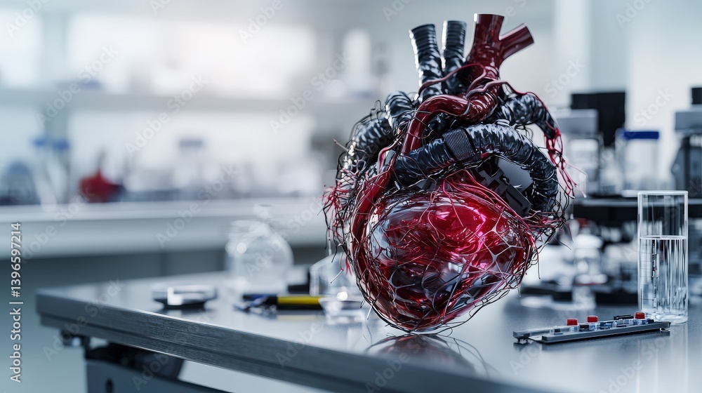 Poster artificial heart innovation research lab conceptual art scientific environment close-up view futuris