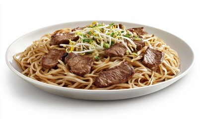 Beef and noodle stir-fry on a plate, studio shot
