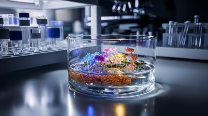 Cultured cells in a petri dish laboratory setting scientific image macro environment focus on microbiology