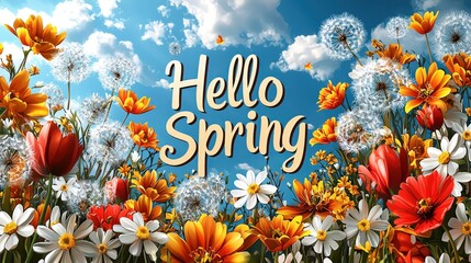 A beautiful spring vector illustration featuring the text "Hello Spring" surrounded by blooming dandelions, tulips, and chrysanthemums under a blue sky. This flat - style, highly detailed.