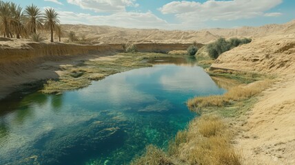 Fototapeta premium Desert Oasis with Teal Water and Lush Vegetation