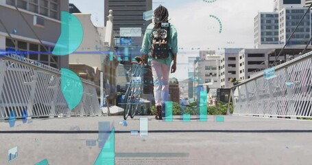 Woman walking with bicycle on city street, data processing animation overlay - Powered by Adobe