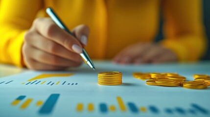 Financial Planning: Woman Analyzing Investment Growth Charts and Gold Coins