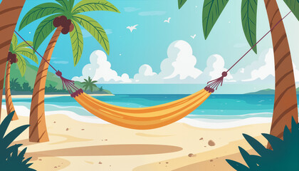 Naklejka premium Tropical beach hammock under palm trees with ocean views 
