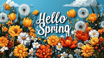 A beautiful spring vector illustration featuring the text "Hello Spring" surrounded by blooming dandelions, tulips, and chrysanthemums under a blue sky. This flat - style, highly detailed.