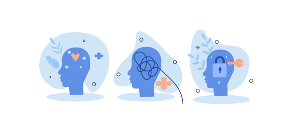 Mental health illustration set. Woman character solve mental problems, learn self accepting and how to find herself. Psychotherapy concept