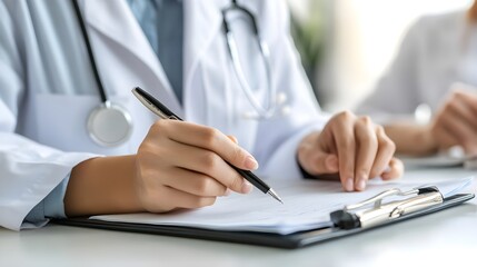 Asian Doctor Wearing White Coat Taking Notes in Medical Environment