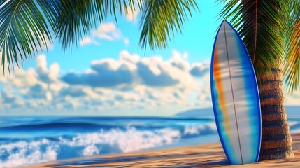 Relaxing Tropical Beach Scene with Surfboard and Palm Trees