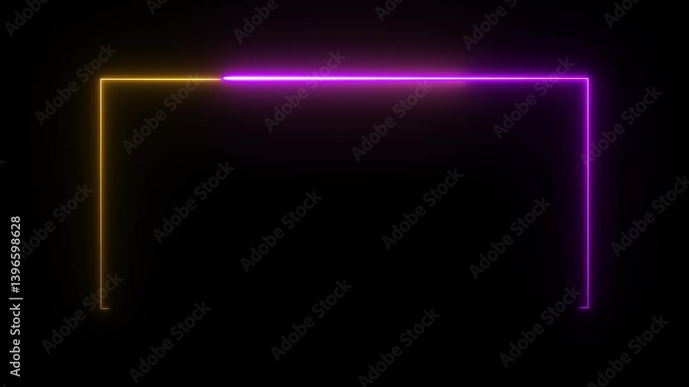 Poster glowing yellow and purple color neon border rectangle with laser illuminated abstract background – h