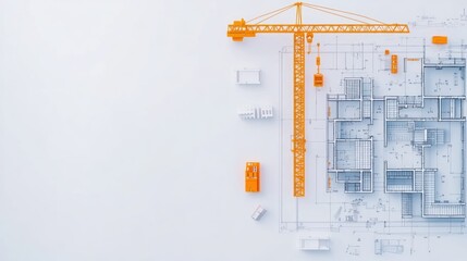Construction Blueprint with Crane and Miniature Vehicles: A Detailed Architectural Plan