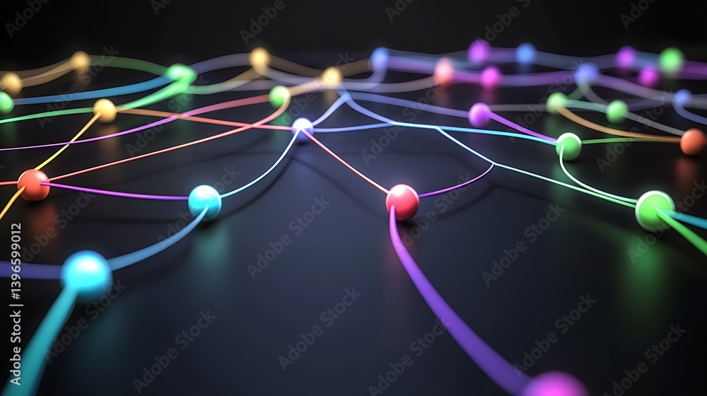 Poster colorful network of interconnected nodes and lines on a dark background, symbolizing digital connect