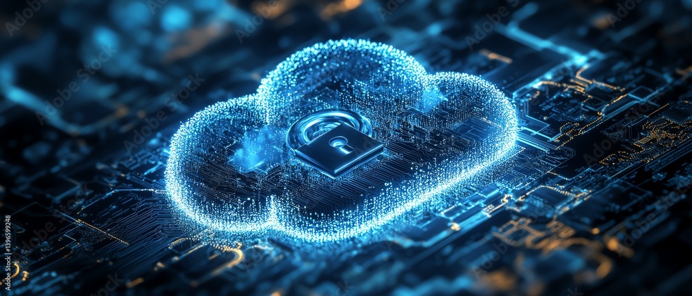Poster generative ai image of a padlock securing a cloud and motherboard, visualizing internet data privacy