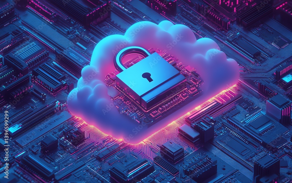 Poster illustration of a padlock on a cloud with a computer motherboard, symbolizing internet security, clo