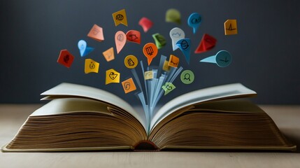 Open book emitting paper symbols representing knowledge and innovation