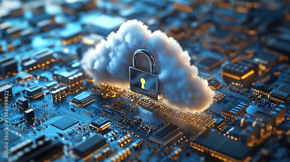 Aufkleber padlock on cloud with computer motherboard, symbolizing internet data privacy, cloud computing secur