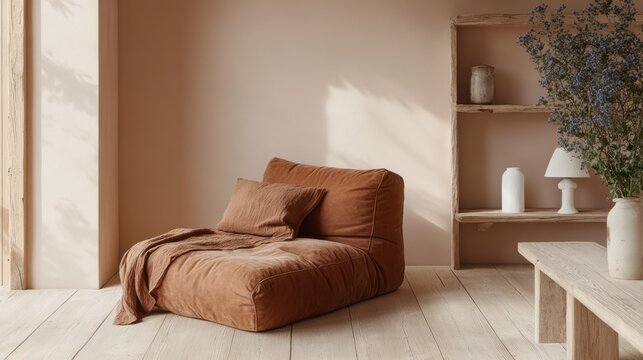 Warm, earthy tones define a cozy interior with a rust-colored floor cushion and rustic wooden shelving displaying simple decor. Sunlight casts soft shadows