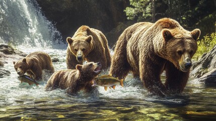 A family of bears walking through a shallow river with a waterfall.