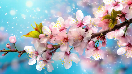pink cherry blossom on sunny blue sky