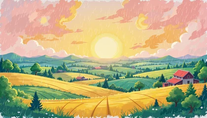 Fototapete Calm countryside landscape with sunrise over golden fields   © Anna K@S