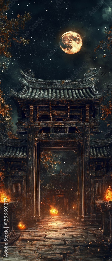 Poster night scene with a gate structure illuminated by lanterns under a full moon.