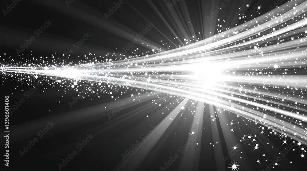 Poster abstract light rays and sparkling particles create a dynamic visual effect on a dark background