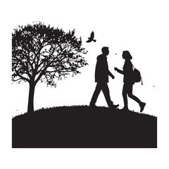Silhouette of a couple walking in a park with a tree and a bird flying above them white Background
