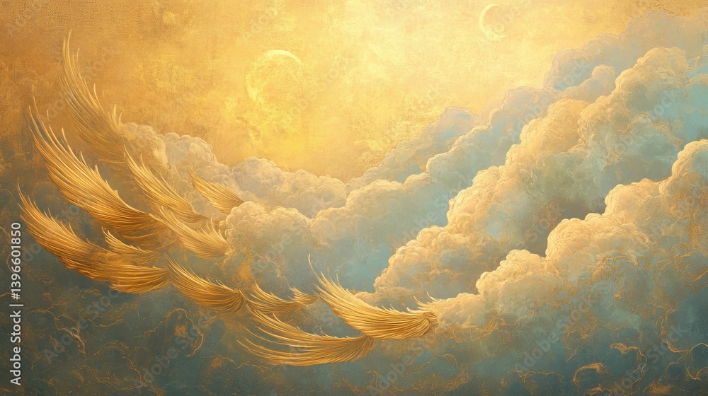 Poster clouds with golden light shining through them creating a heavenly ethereal atmosphere.