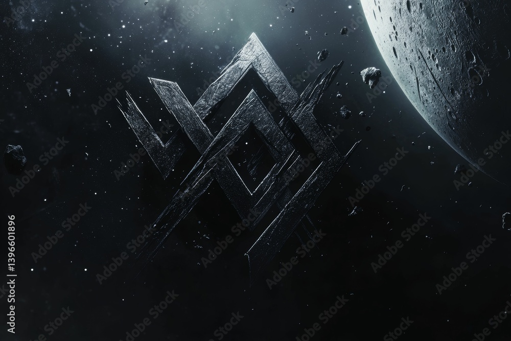 Poster abstract geometric symbol in space with moon and asteroids dark and mysterious.