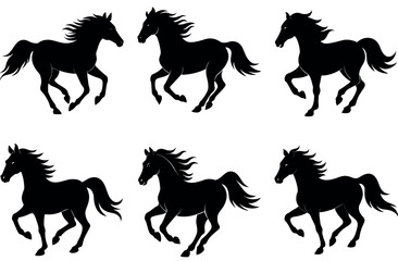 Fototapeta premium Stylized Horse Silhouette Vector Set with 6 Unique Running Horse Designs for Equestrian Branding, Animal-Themed Crafts, T-Shirt Prints, Sports Logos, and Wildlife Artwork