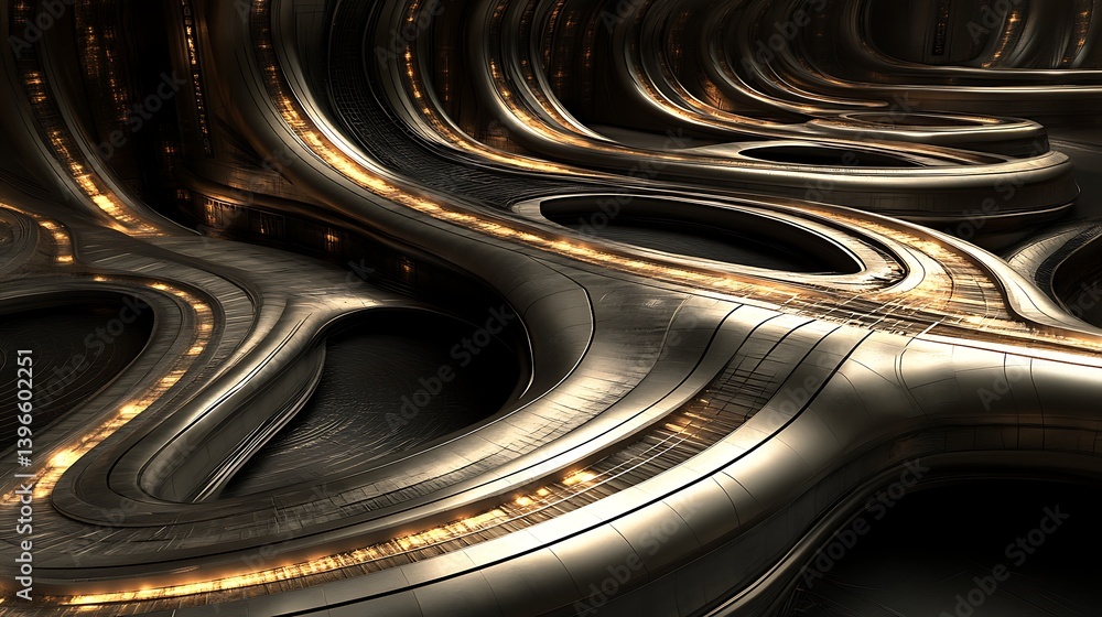 Poster abstract metallic landscape with flowing curves and illuminated pathways, creating a futuristic ambi