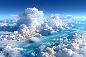 Aerial view of fluffy cumulus clouds over a turquoise ocean