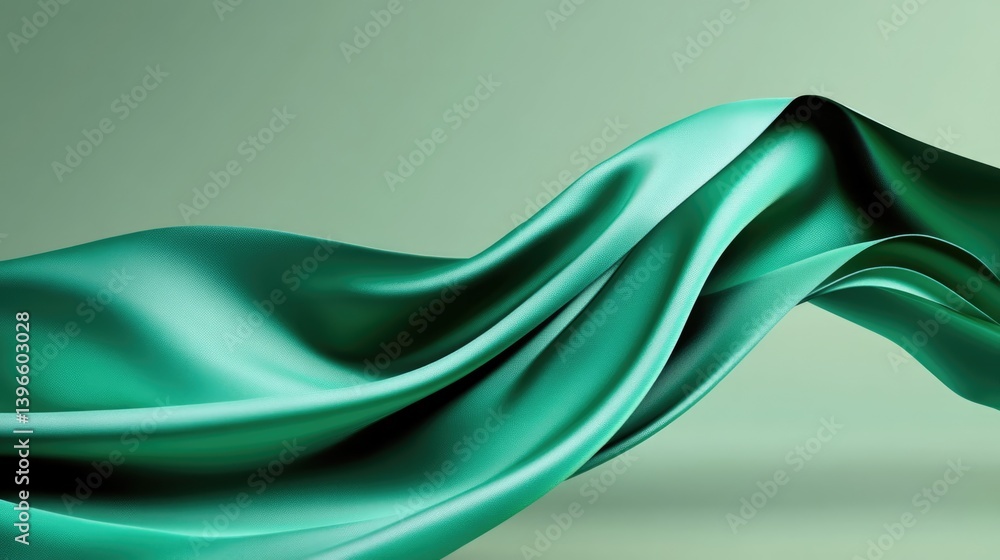 Poster flowing emerald satin fabric textural close-up elegant styling soft lighting abstract concept