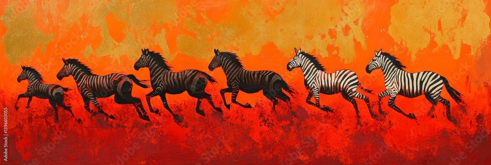 Aufkleber several horses running in a field with an orange and red background.